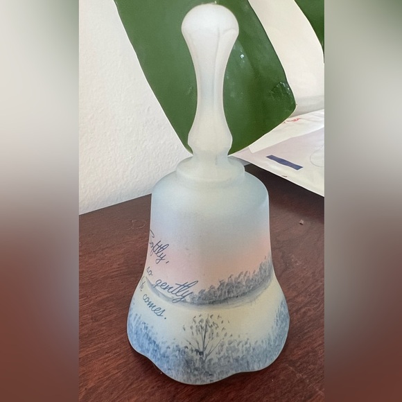 Fenton Vintage Signed Art Glass Blue Satin Hand Painted Bell So Gently He Comes - Picture 3 of 10